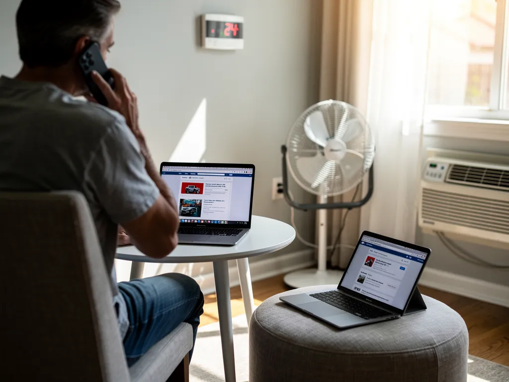 Homeowner calling emergency HVAC technicians while reviewing service listings