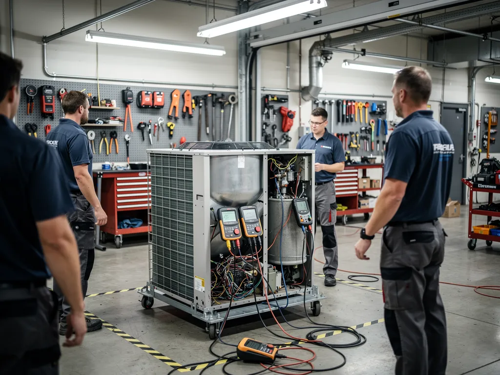 Technicians diagnosing malfunctioning air conditioning unit in urban service center