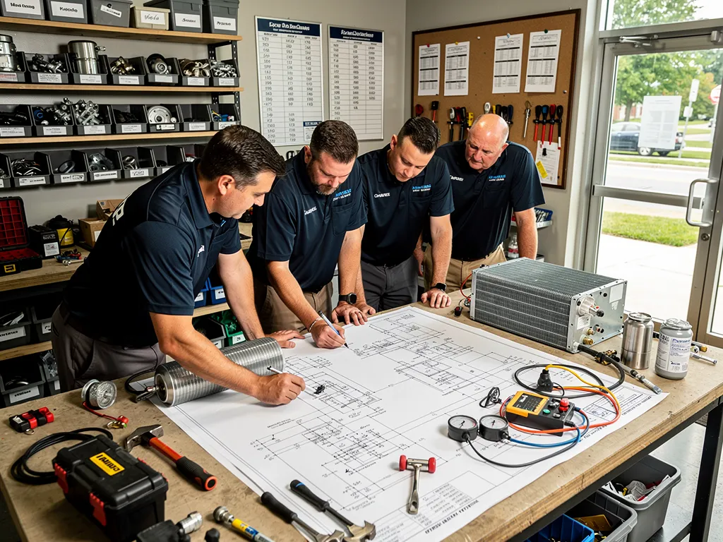 HVAC technicians collaborating on emergency repair plans in office