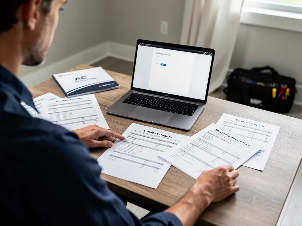 Technician consulting homeowner over AC repair estimates and warranty details